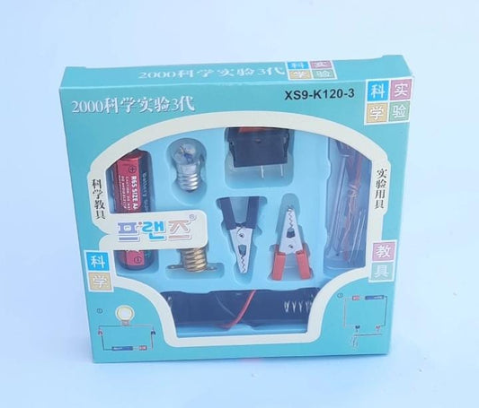 Science experiment kit packaging with tools on a light blue background