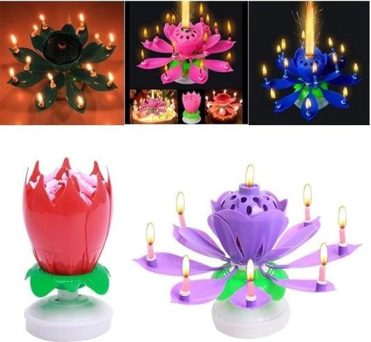 Colorful lotus-shaped birthday candles with lit candles on a white background