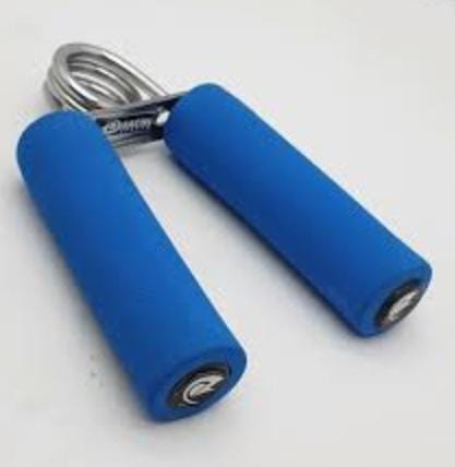 Blue hand gripper with metal clasps on a white background