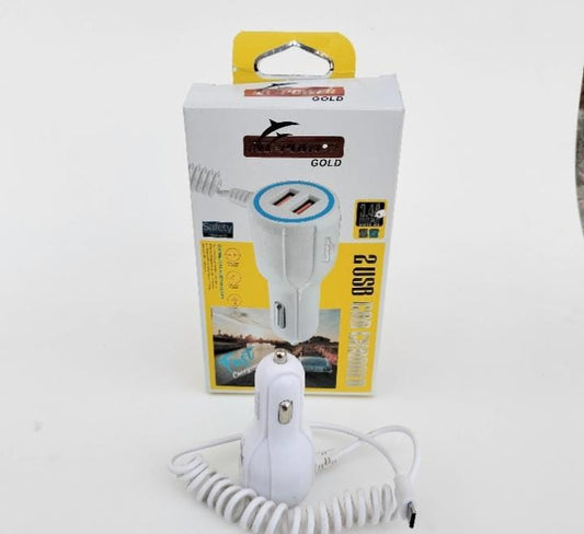 White car charger with packaging on a white background